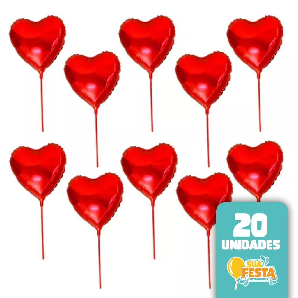 20, 40, 60, 80 E 100 UNIDADES DE BALÕES METALIZADOS CORAÇÃO VERMELHO COM VARETAS EIXO FIRME 20CM