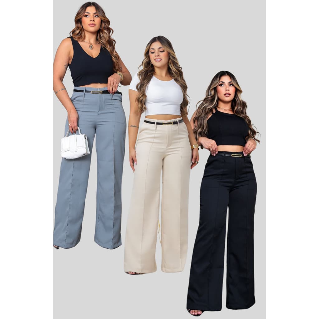 Calça Pantalona Alfaiataria com Cinto Bolsos Premium Moda  Executiva Elegante Social Moderna