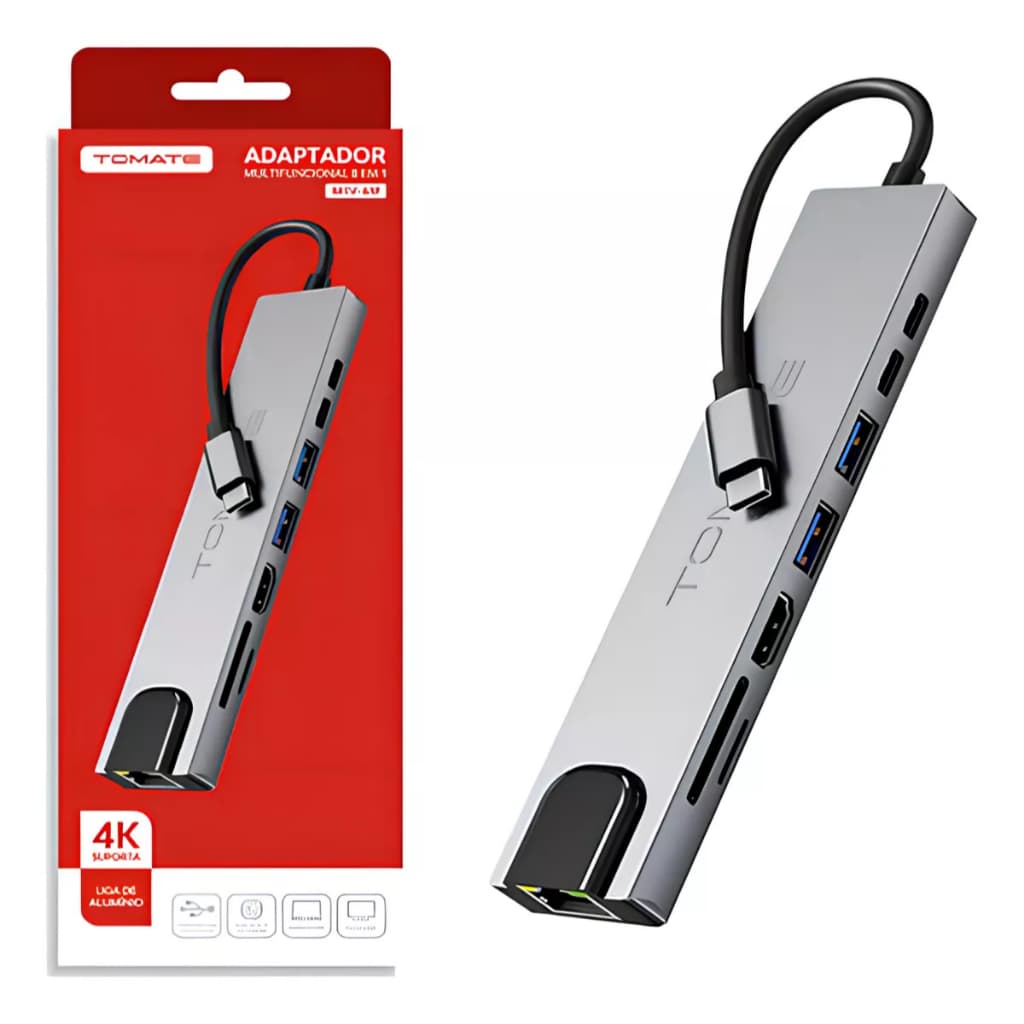 Hub Multifuncional Usb-c 8 Em 1 Tomate Hdmi 4k Rj45 Tf Sd Cor Prateado