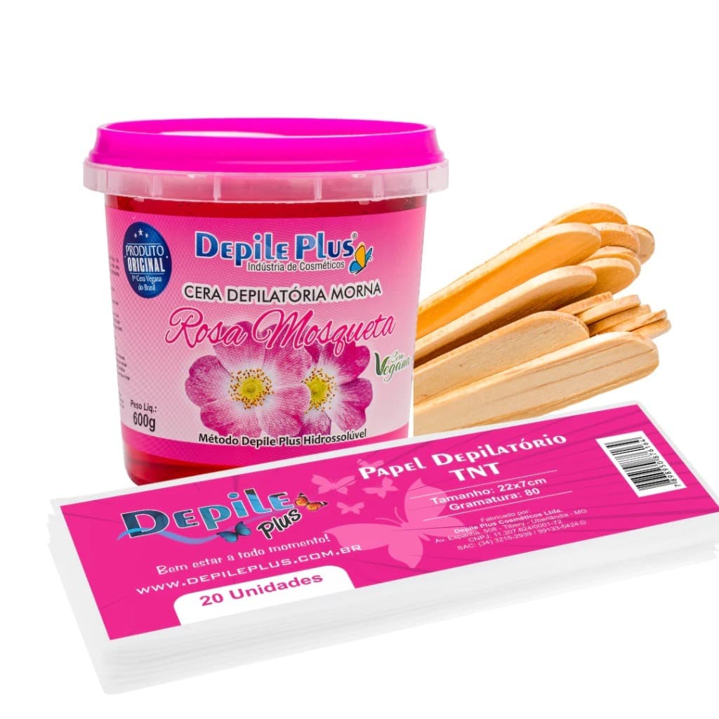 Kit Cera Hidrossolúvel 600g + Espátula (Palito) Larga 15 unidades + Papel Depilatório 20 unidades//Escolher a variação.