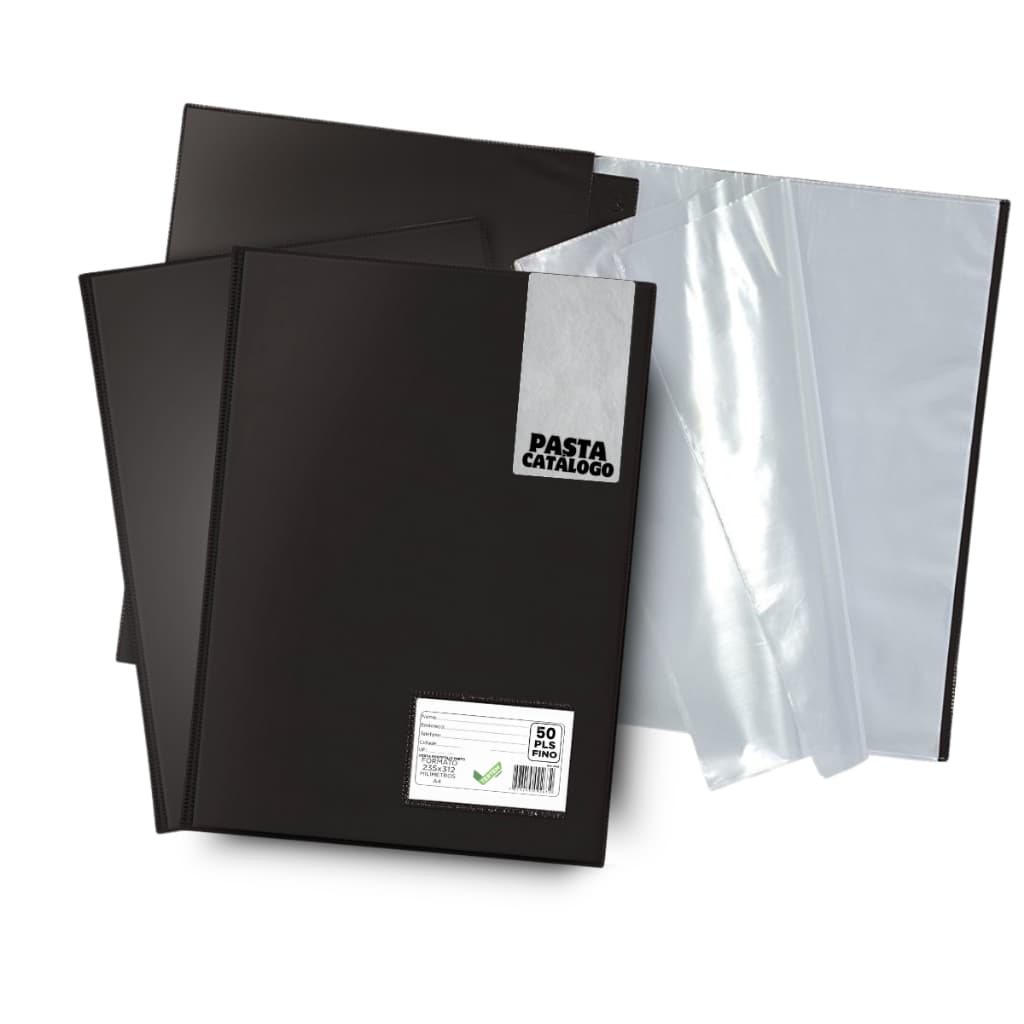 Pasta Catálogo Organizadora A4 50 Plásticos Envelopes Visor Preta Para Documentos