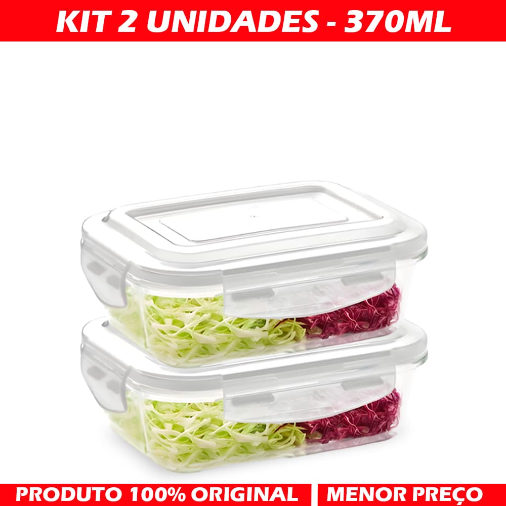 Kit 2 Potes de Vidro Hermetico Sílicone  370ml Retangular Vedação Freezer  Microondas Geladeira  Marmita Alimentos