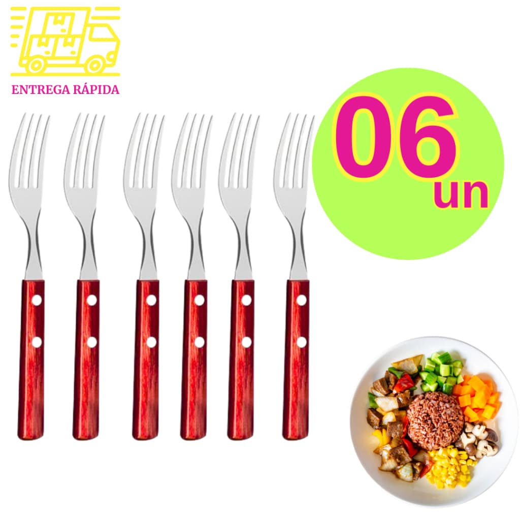 Kit 6 Garfos Aço Inox Serra Serrilha Premium Cabo de Madeira Cozinha Mesa para Casas Restaurantes