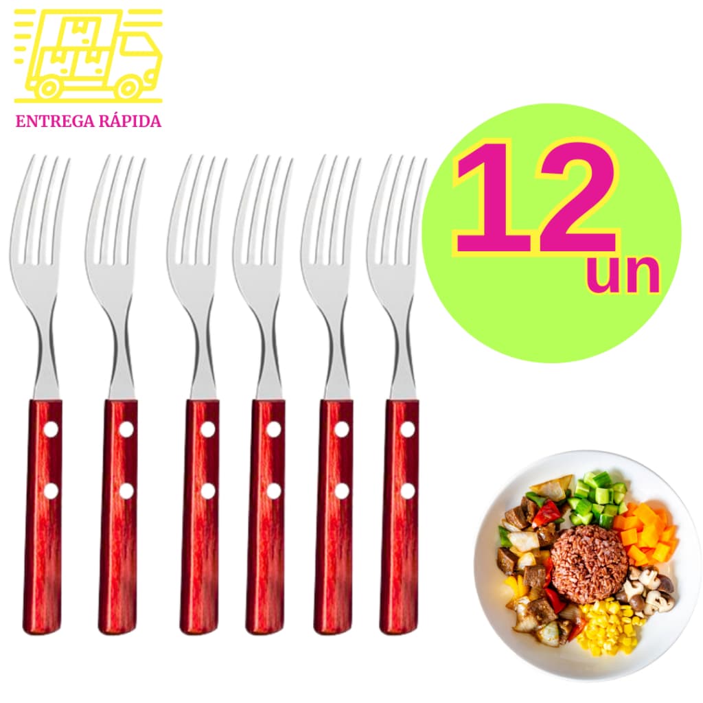 Kit 12 Garfos Aço Inox Serra Serrilha Premium Multiuso Cabo de Madeira Cozinha Mesa