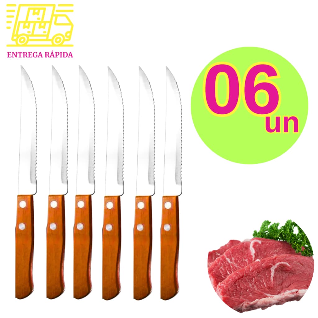 Kit 6 Faca Talher Cabo Madeira de Serra Serrilhada Faqueiro Aço Inoxidável Para Cozinha Churrasco