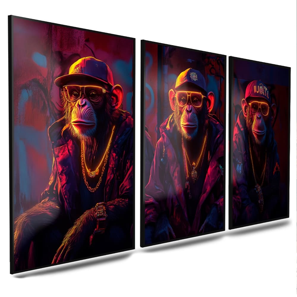 Quadro decorativos para sala quartos gangue de Macacos coloridos 3 peças