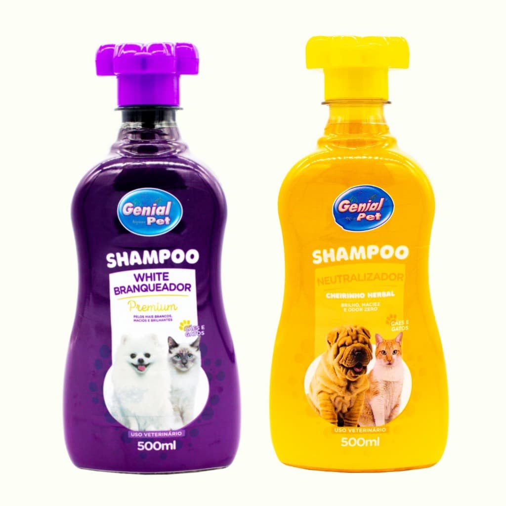 Shampoo Eliminador de Odor Pet Neutraliza Mau Cheio Genial e Shampoo Roxo Branqueador Cachorro Gato