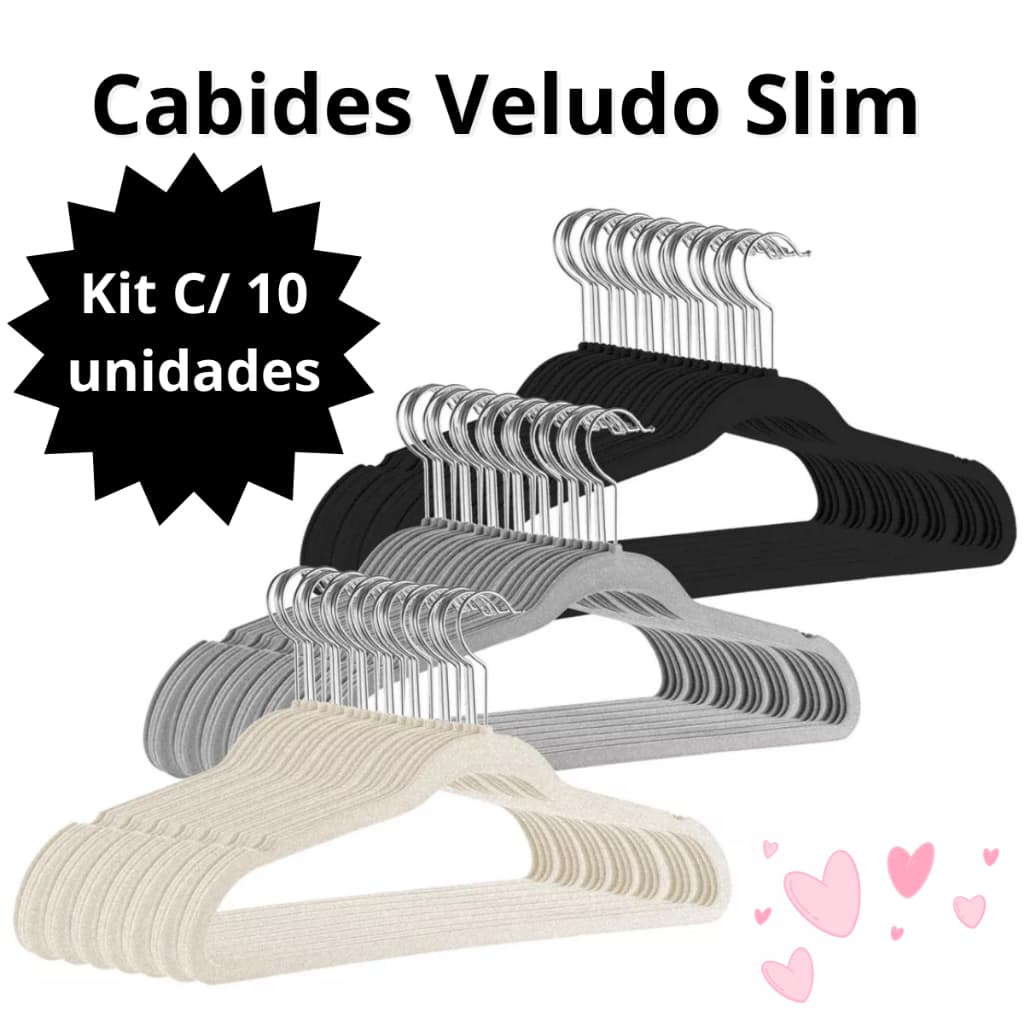 Cabide de Veludo Slim Antiderrapante - Kit 10 Unidades Adulto e Infantil Preto Azul Bege Rosa Cinza