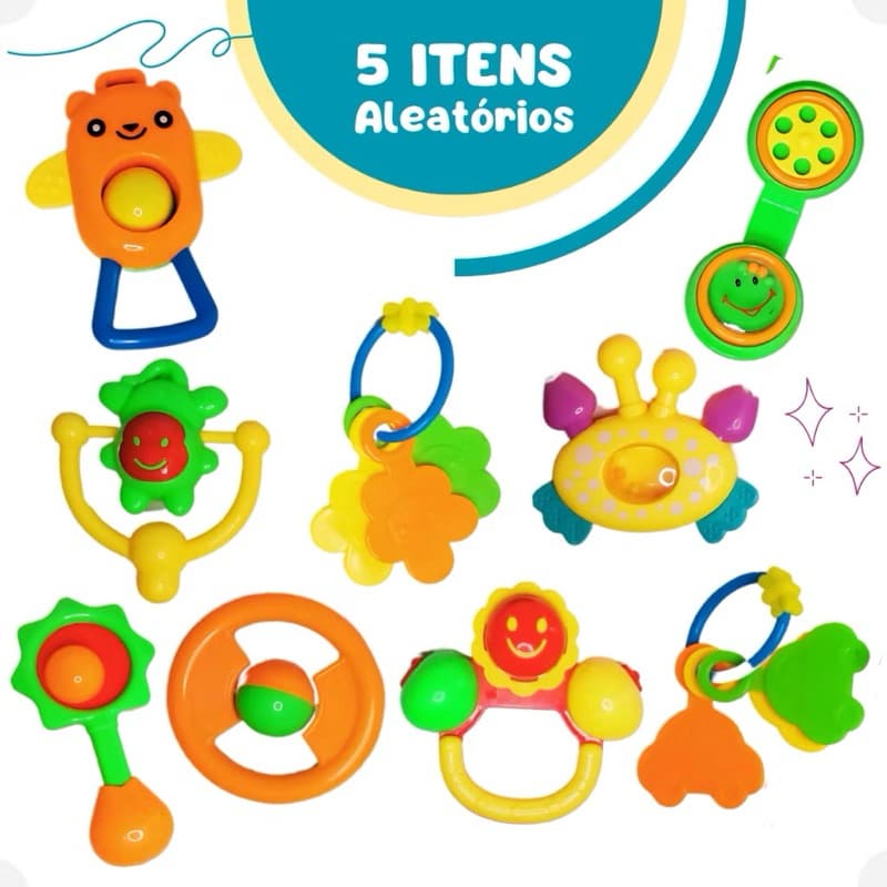 Chocalho para Bebe Mordedor Brinquedo Infantil Educativo Bebê 5 Peças