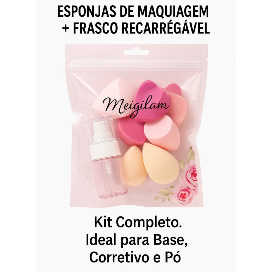 🧽 Kit 8x Esponjas de Maquiagem + Frasco Spray | Aplicação Perfeita e Hidratação na Medida! 💧