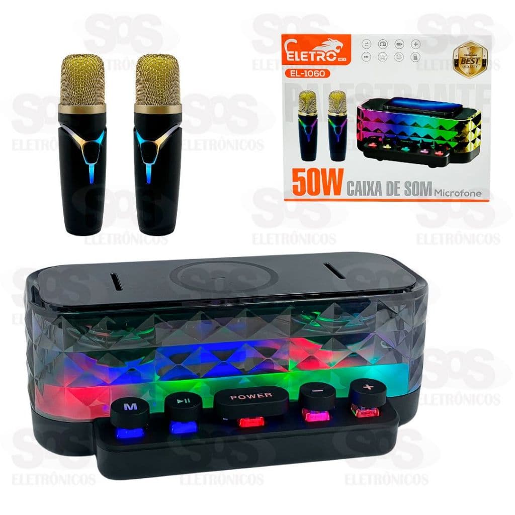 Caixa de Som Bluetooth 50W Portátil Gamer Karaokê com 2 Microfones, LED e Carregador por Indução Eletromex EL-1060