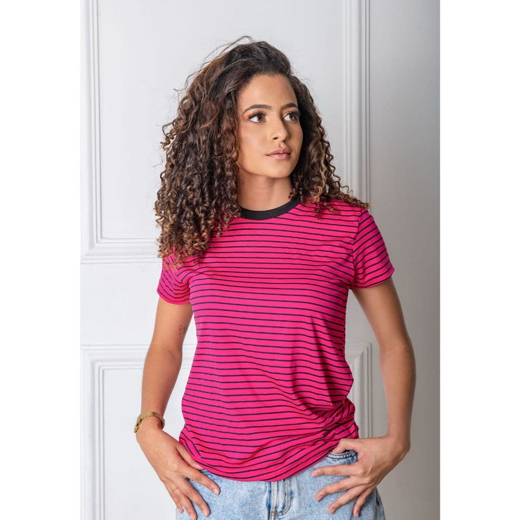 Blusa Listrada Feminina T Shirt Gola Redonda Fio torcido de Alta Qualidade e Conforto
