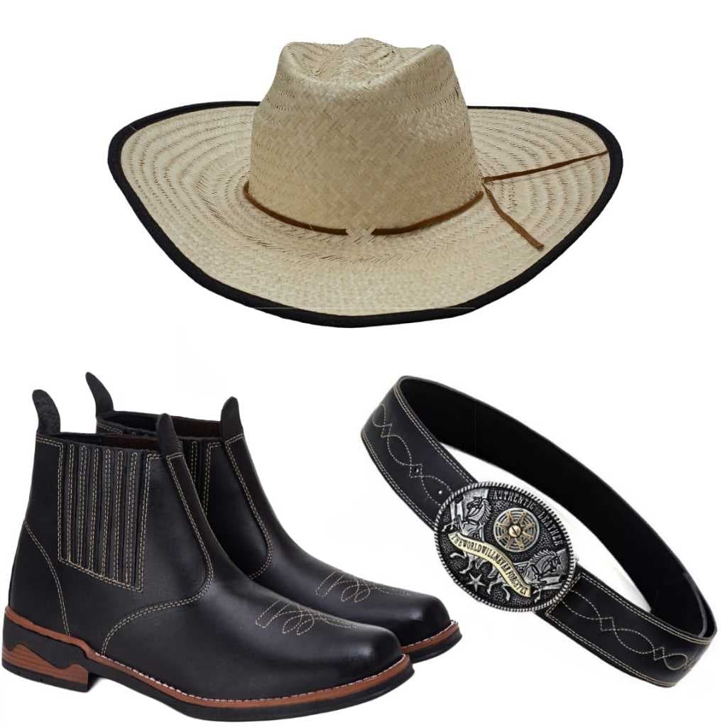 Kit Botina Bota Country Festa junina + Cinto Cowboy + Chapéu Palha envio imediato cod 002