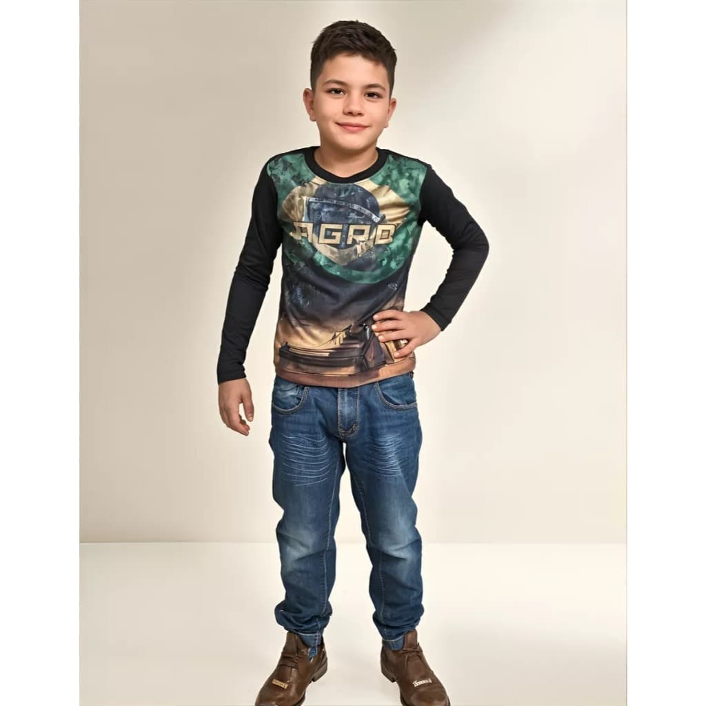 Camisa Camiseta Manga longa  Infantil Masculina Agro Blusa com Proteção Solar Uv Tecido Dry Fit