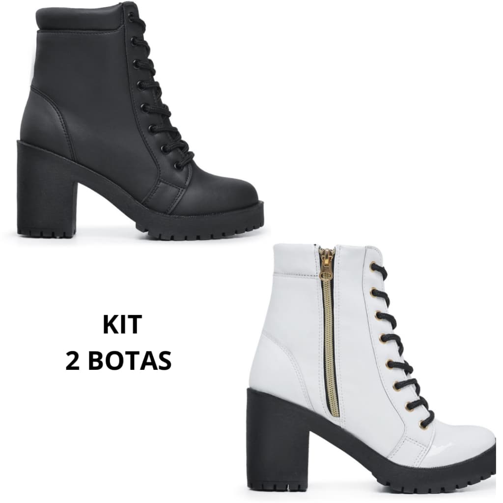 Kit 2 Pares de Botas Coturnos Blogueira Feminina Barato com Cadarço e Zíper Combo Promoção