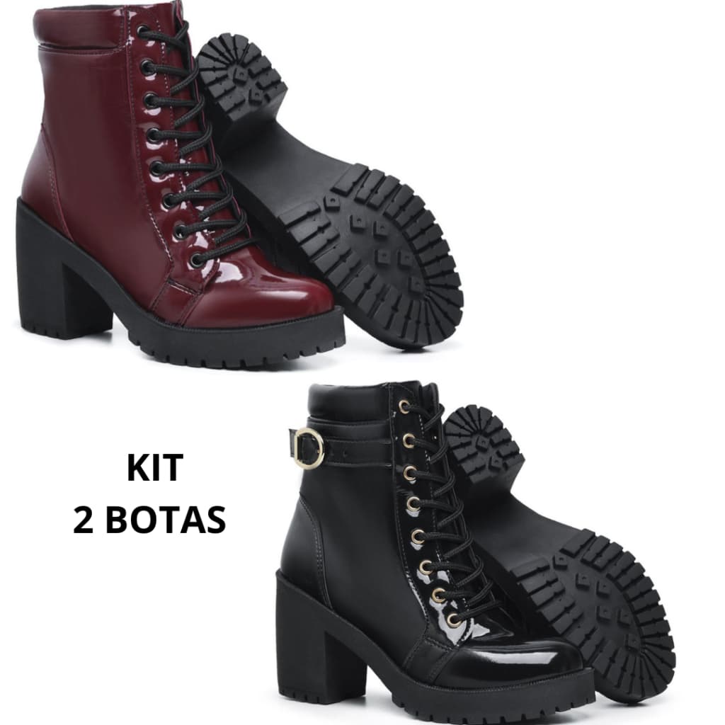 Kit 2 Pares de Botas Coturnos Verniz Marsala Feminino com Cadarço e Zíper Combo Promoção