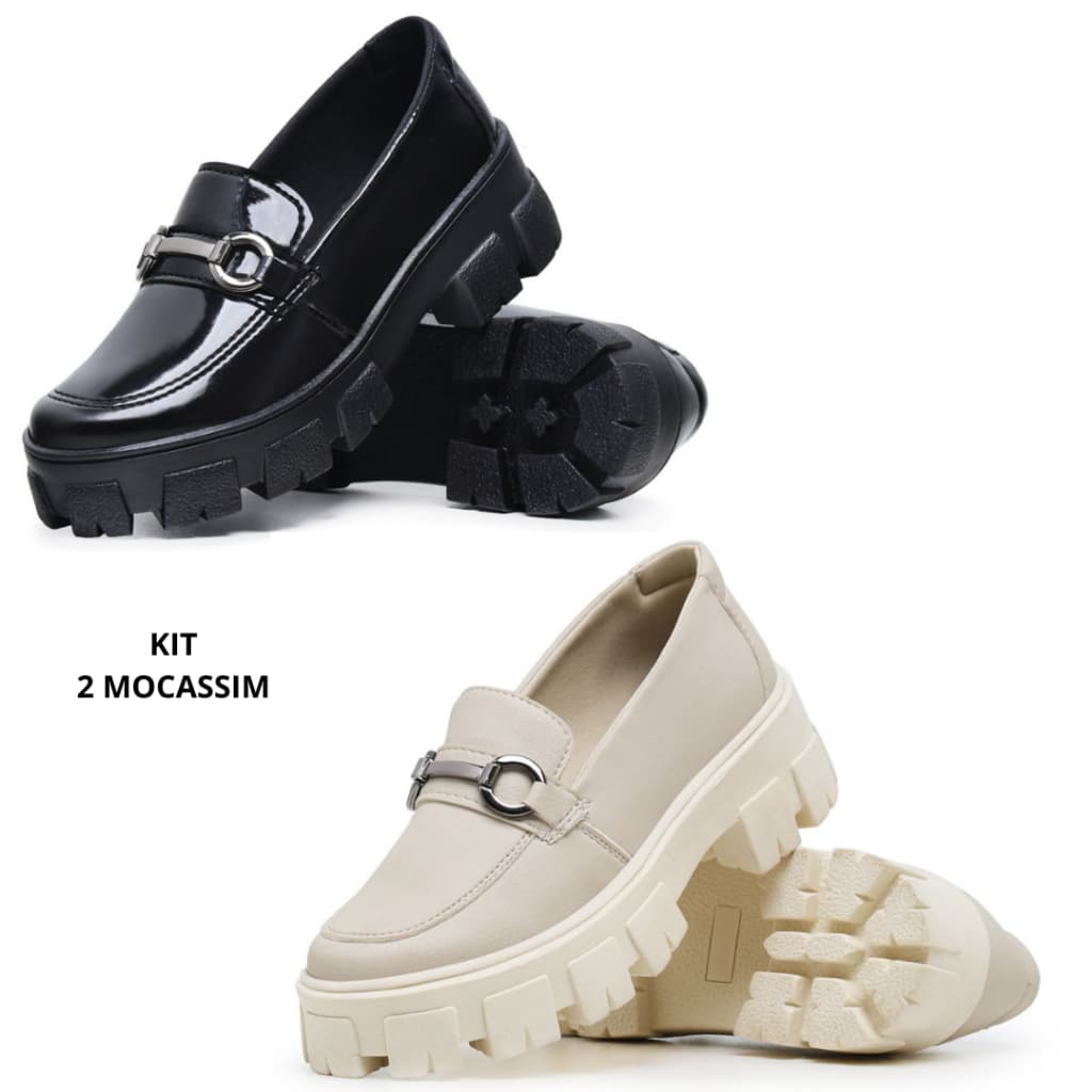 Kit 2 Pares Sapato Mocassim Feminino Blogueira Tratorado Elegante Confortável Casual