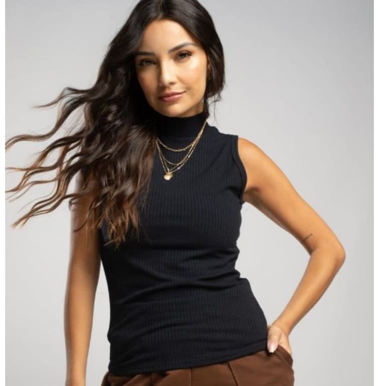 Blusa Canelada Blusinha Gola Alta sem Mangas do P ao Plus size