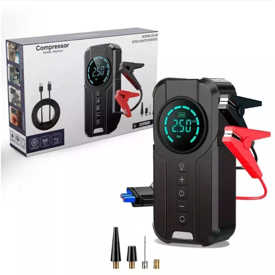 Auxiliar de partida Portatil Compressor ar Inflator Multi-função 4-1 PowerBank  Bateria Calibrador