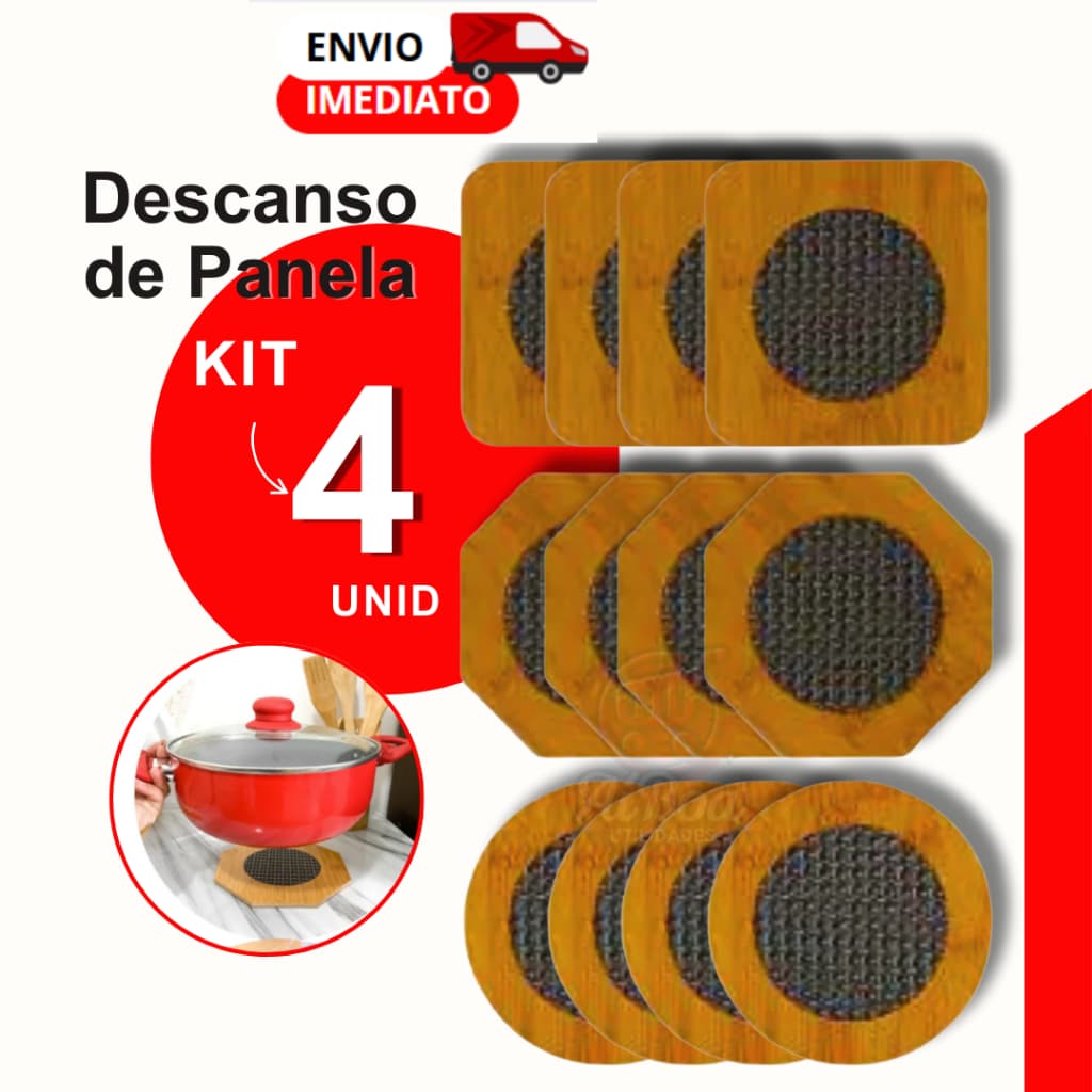Kit 4 ou 2 Descanso de Panela Bambu Tela Metalizada Sortido Antitérmico Descanso para Panela Proteção Mesa Bancada