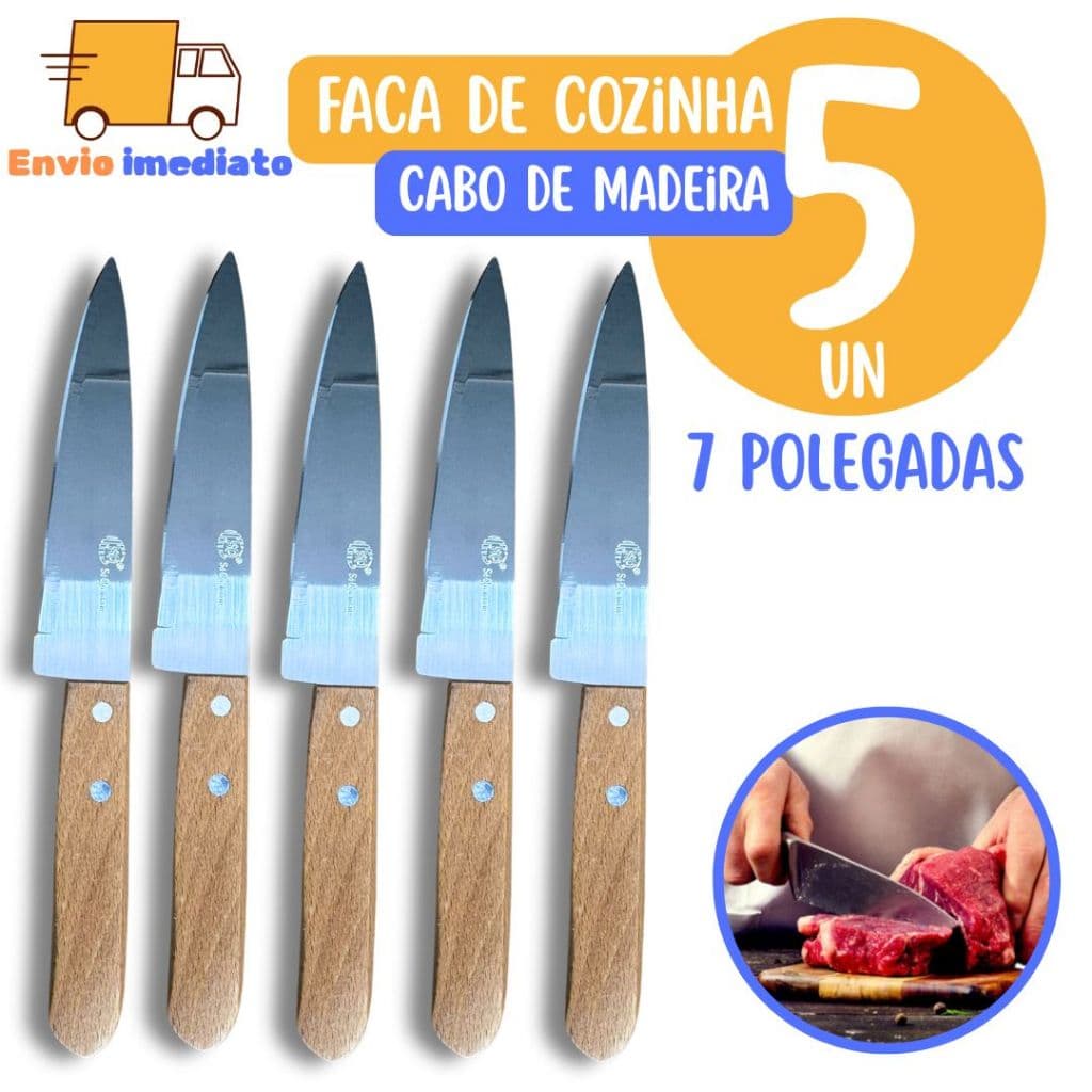 Kit 5 Faca De Cozinha 7'' Aço Inox Do Chef 30CM Com Cabo De Madeira Para Churrasco Cozinha