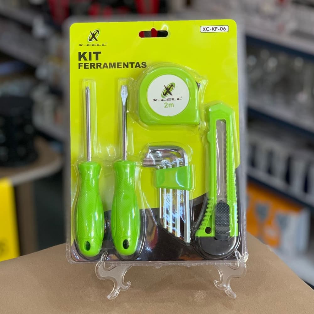 KIT FERRAMENTA COM TRENA 2M + ESTILETE + CHAVE DE FENDA / PHILIPS E JOGO DE CHAVE ALLEN 5 PECAS  X-CELL
