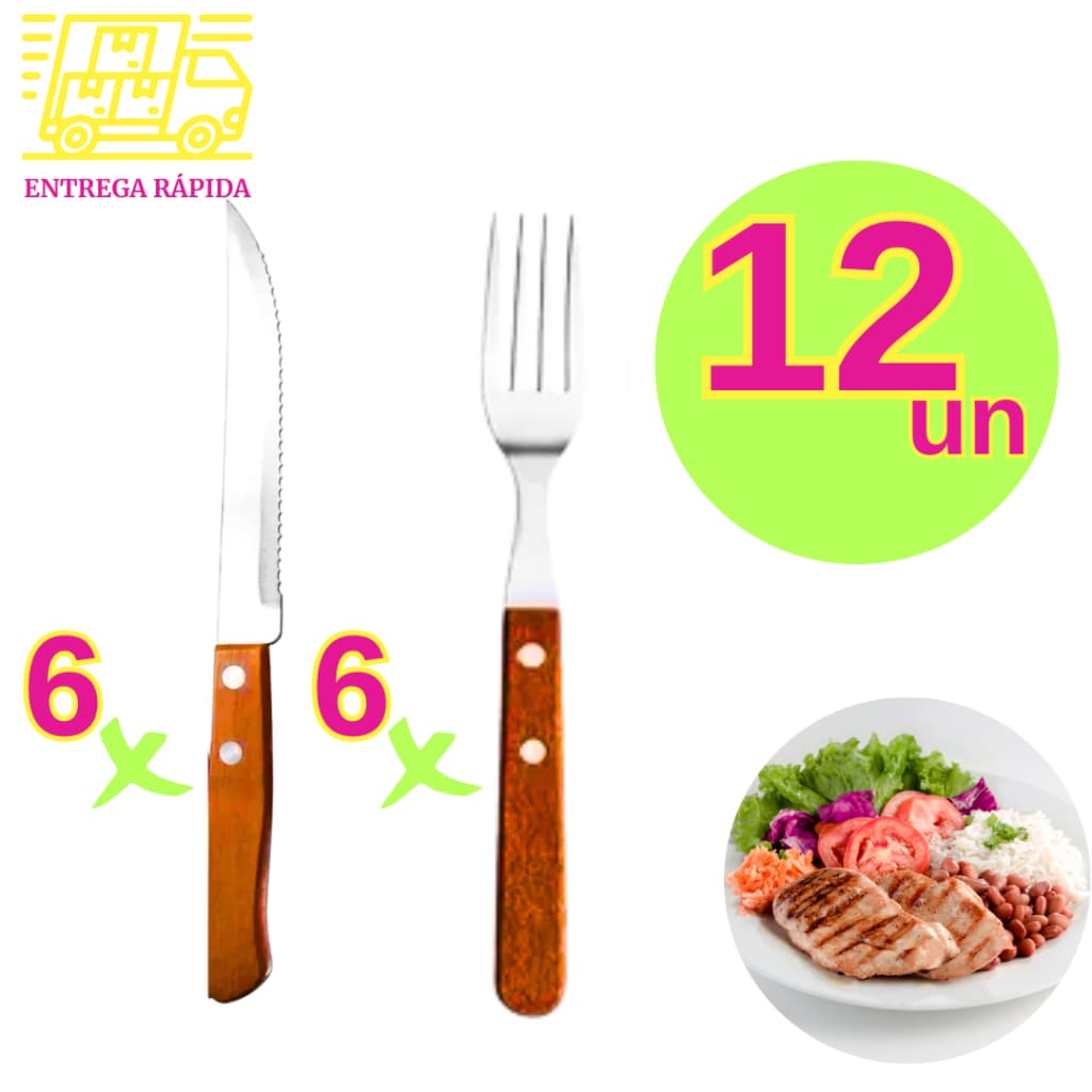 Kit 12 Peças de Talheres Inox Cabos de Madeira Top Multiuso 6 Garfos 6 Facas para Casas Restaurantes