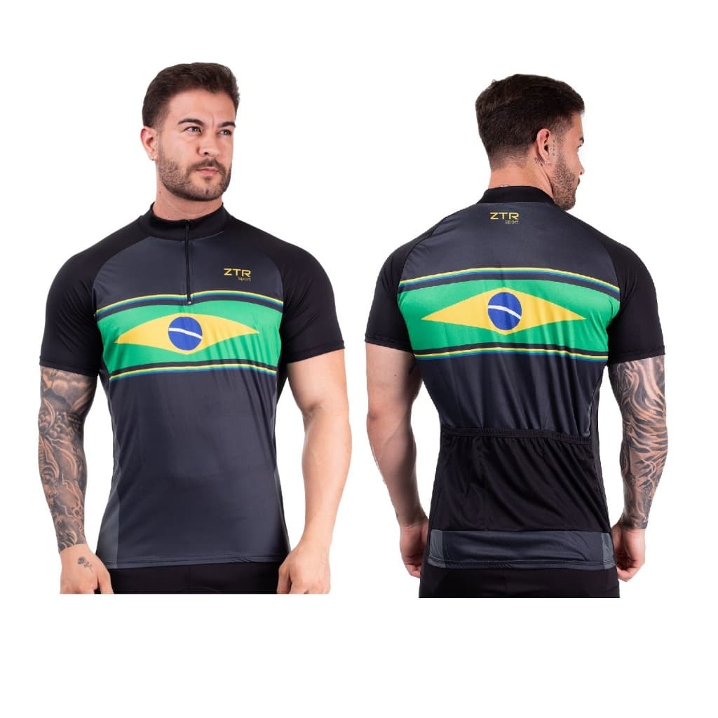 Camisa de ciclismo camiseta para ciclista do Brasil com bolso e zíper
