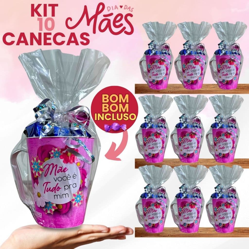 Kit 10 Canecas + Bombons Dia das Mães Plástico Atacado Presente Chocolate Lembrancinha Copo Revenda Completo Empresa