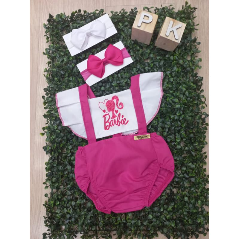 romper Jardineira bebê menina fantasia Mesversário Barbie rosa com laço temático