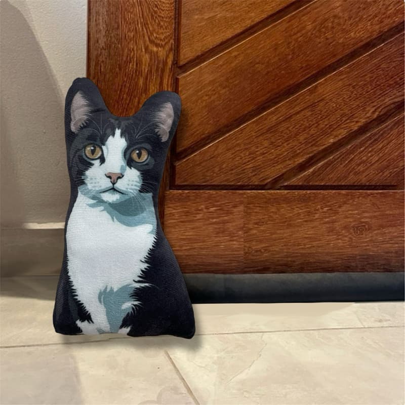 Peso de porta gato branco e preto estilo frajola decorativo