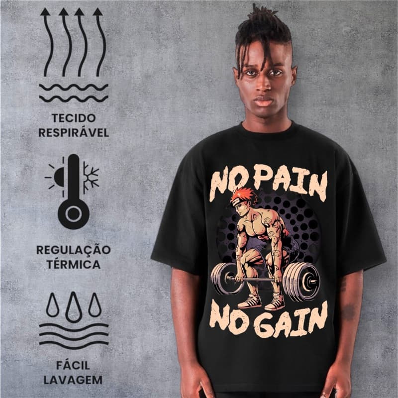 Camiseta Oversized Masculina Blusa Algodão Treino No Pain No Gain Streetwear Academia