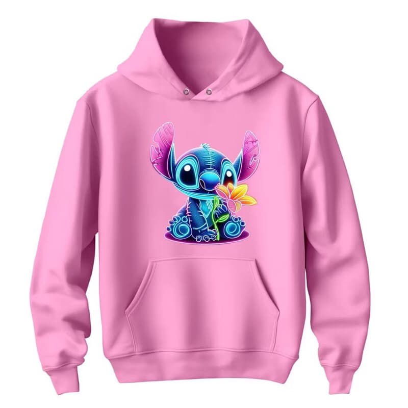 Moletom Feminino Canguru com Capuz e Bolso Estamapado stitch-Flor