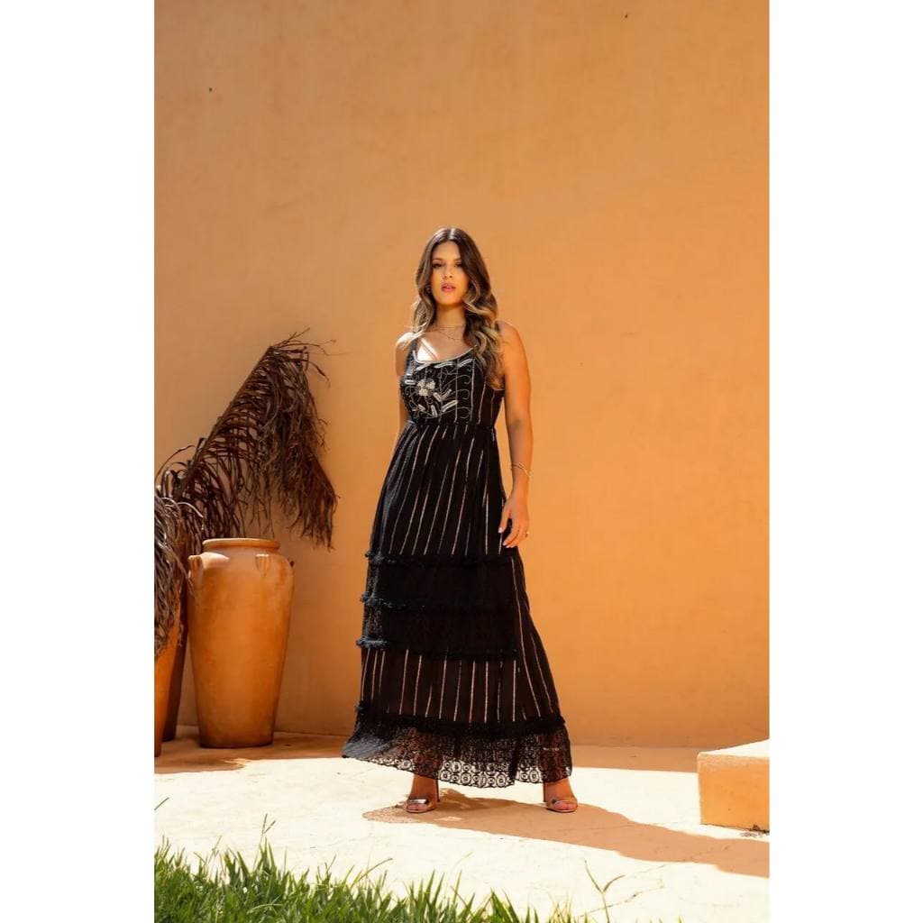 Vestido Boho Festa Elegante Preto Alcinha