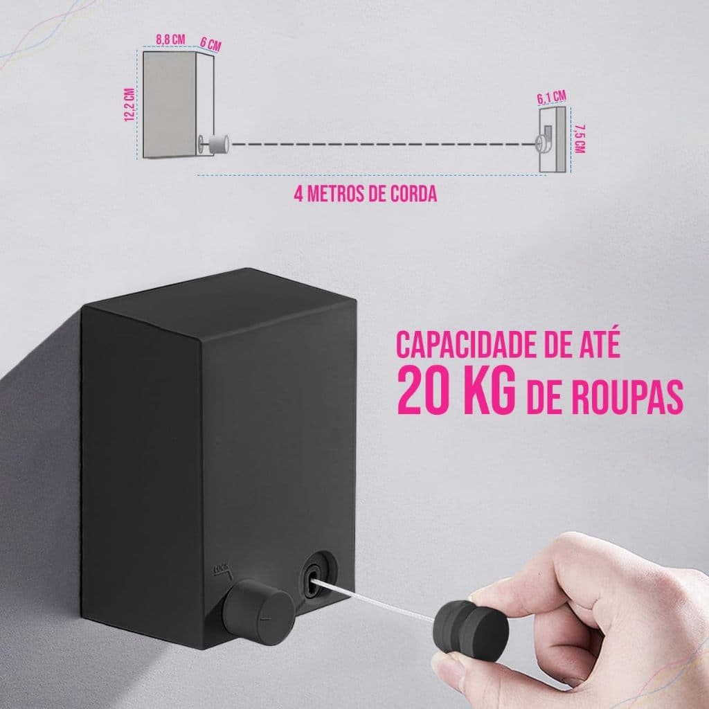Varal de Roupas Retrátil Automático de Parede Para Apartamento, Fio de Aço Inoxídavel - 4.2m - 20Kg (Preto)