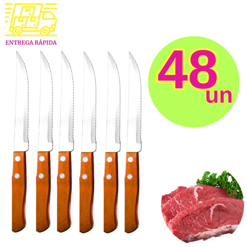 Kit 48 Facas Talher Cabo Madeira de Serra Serrilhada Faqueiro Aço Inoxidável Para Cozinha
