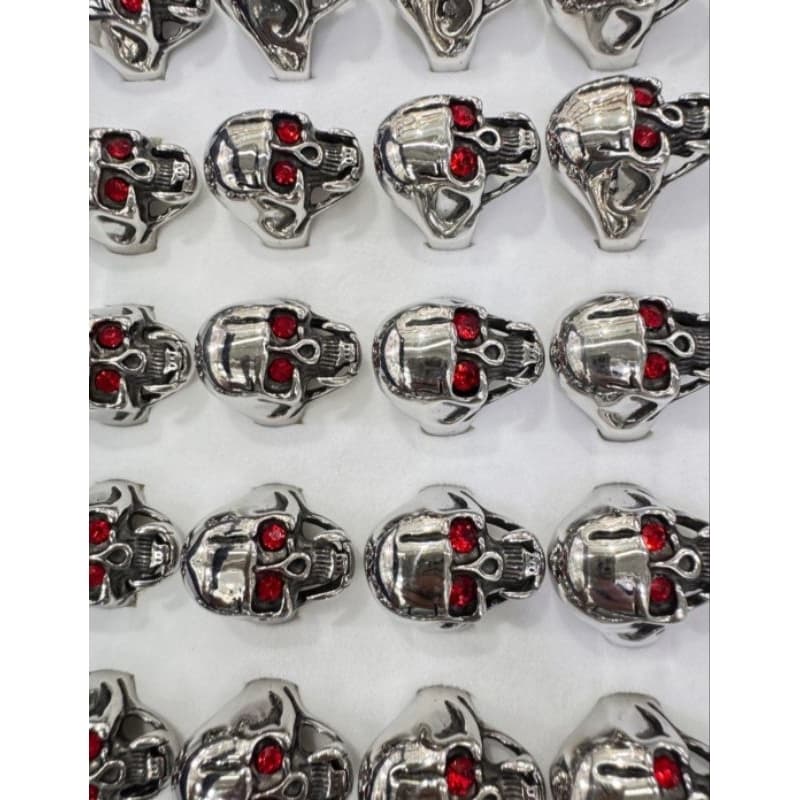 Anel Caveira Olho Vermelho Pedra Zircônia Aço Inoxidável 316L Masculino
