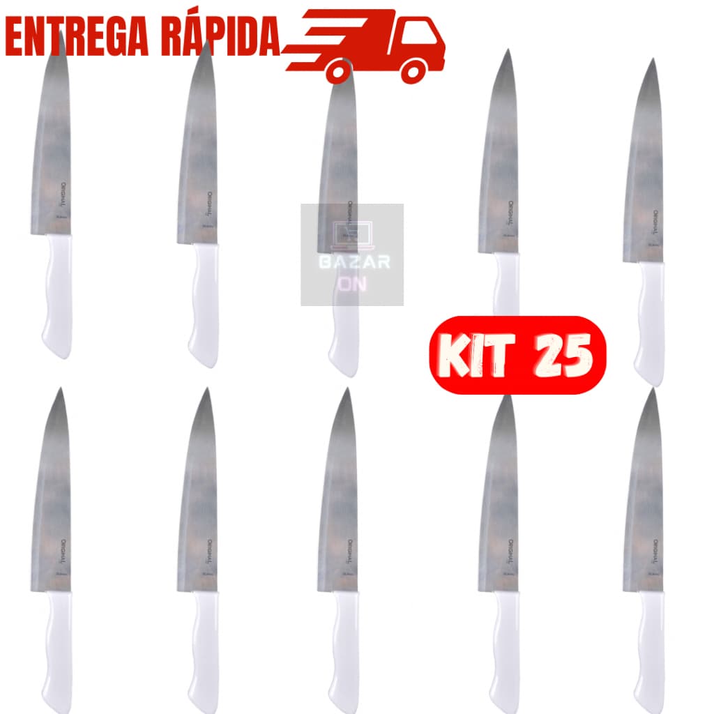 Kit 25 Facas De Cozinha Peixeira 7” Churrasco Peixe Afiada Cabo Branco Em Aço Inox
