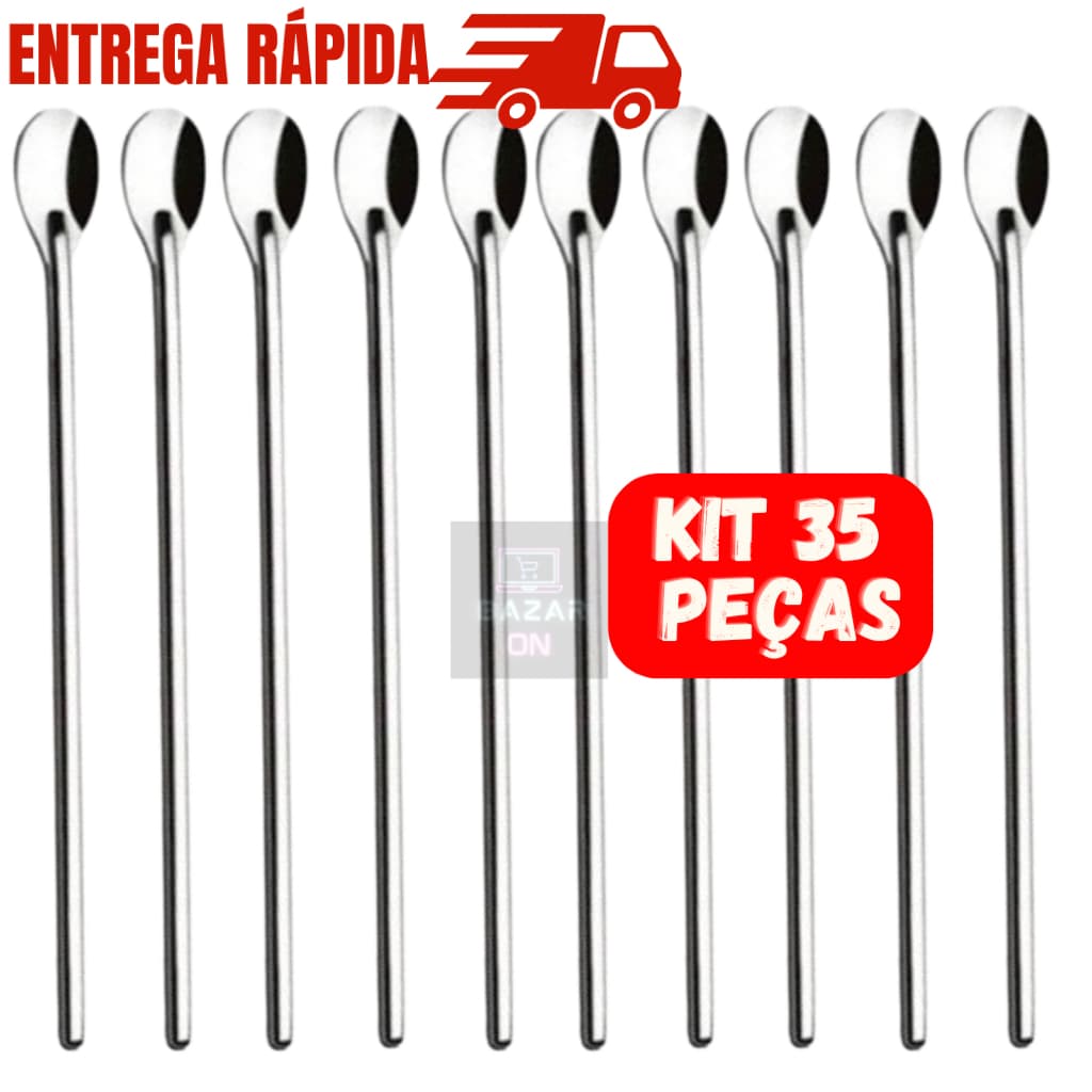Kit Jogo com 35 Colheres Bailarina em Aço Inox Para Suco Laranja Morango Drinks Bebida Barmen