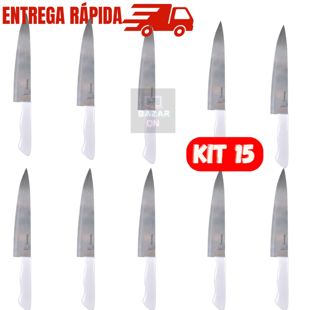 Kit 15 Facas De Cozinha Peixeira 7” Churrasco Peixe Afiada Cabo Branco Em Aço Inox
