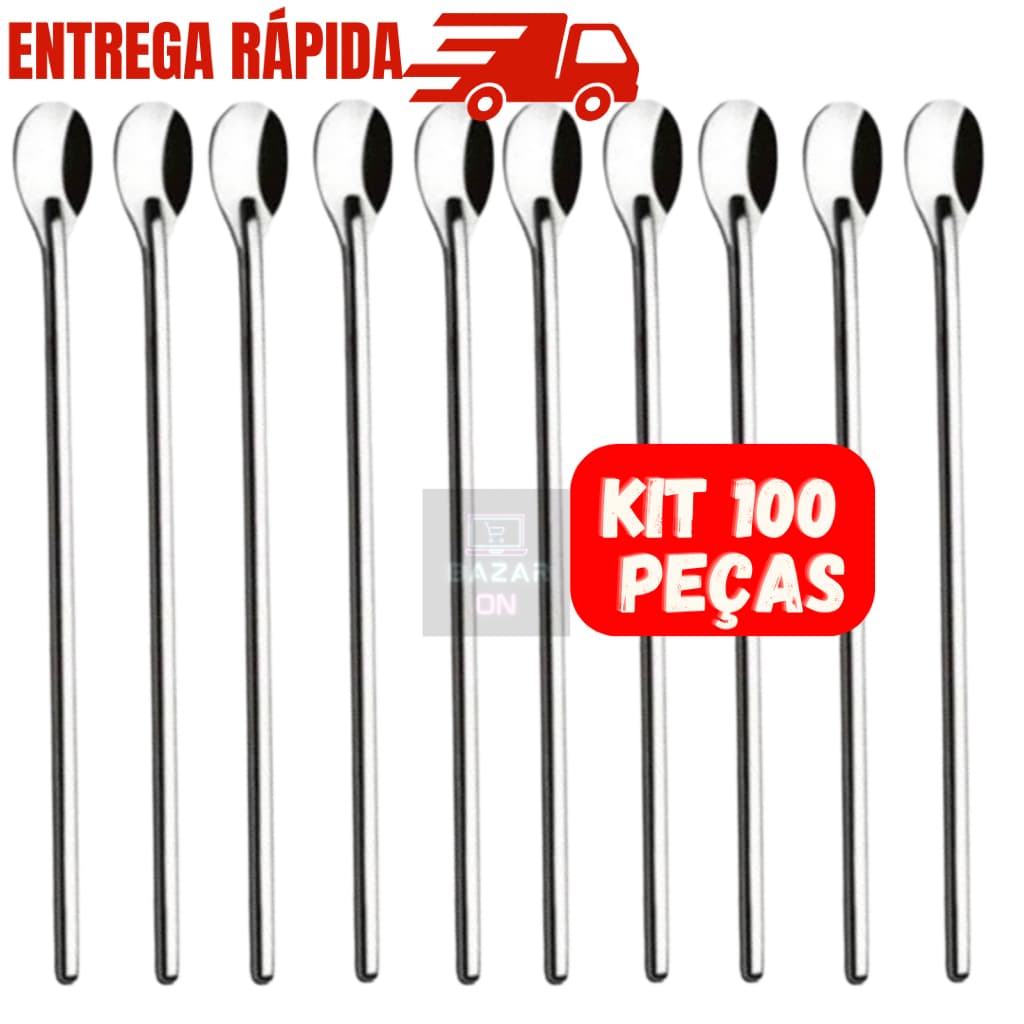 Kit Jogo com 100 Colheres Bailarina em Aço Inox Para Suco Laranja Morango Drinks Bebida Barmen