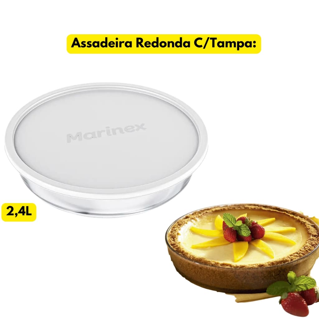 Assadeira Redonda 2,4L C/Tampa Marinex Vidro Lasanheira Refratário Travessa Receitas Vasilha Buffet