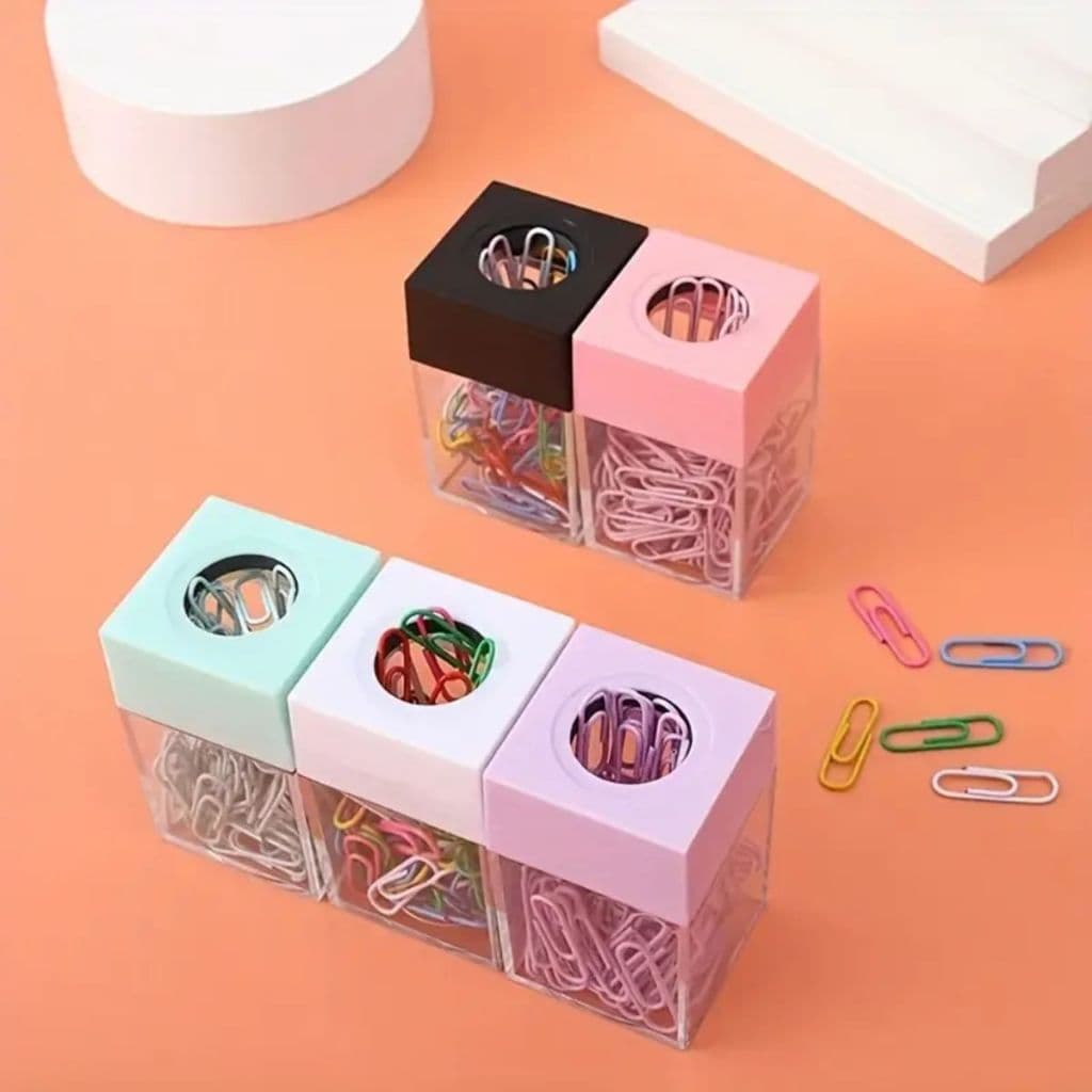 Caixa Dispenser Porta Clips de Papel Magnéticos 60un 28mm Sortidos Papelaria Fofa Escritório Escolar