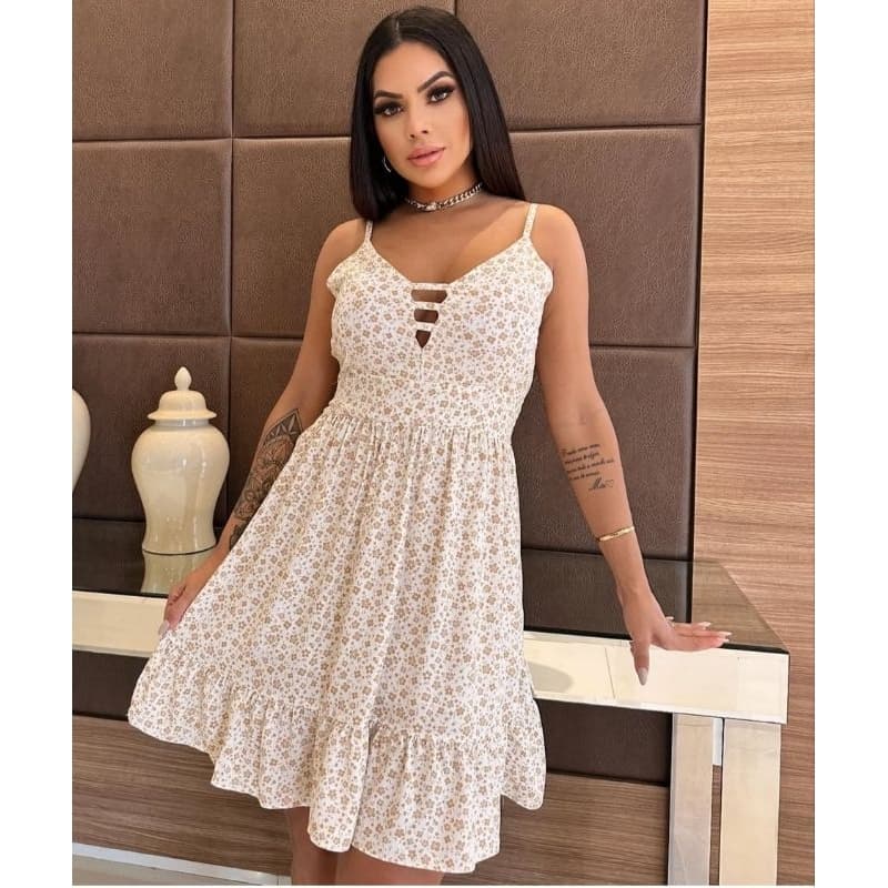 Vestido Rodado Feminino Estampado Alcinha com Bojo Decote Elegante Casual Moda Verão
