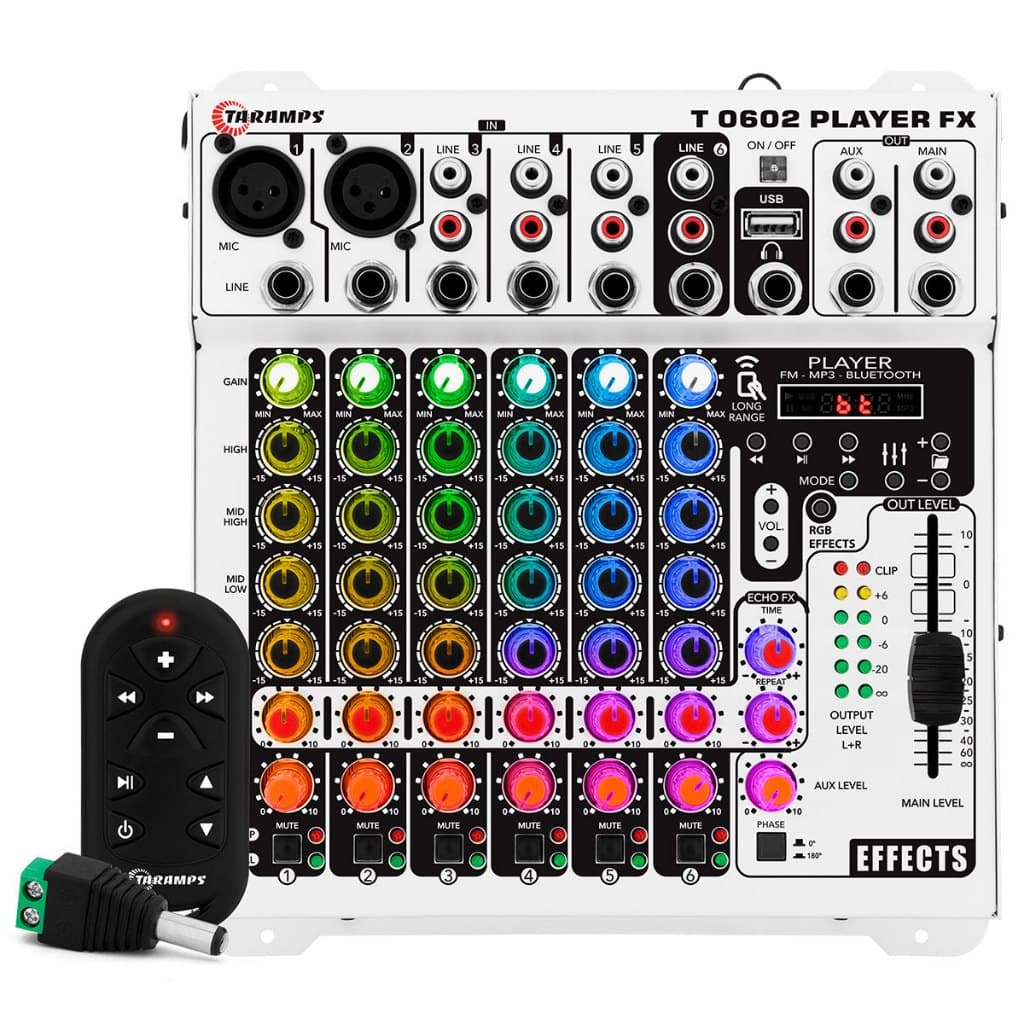 Mesa Taramps T0602 Player Multicolor Led RGB Bluetooth MP3 Mixer c/ Controle Remoto 6 canais