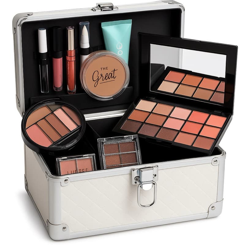 Maleta + 21 Maquiagens Maleta de Maquiagem Completa Profissional Prata | Paleta, Batons, Gloss, Blush e Pincéis