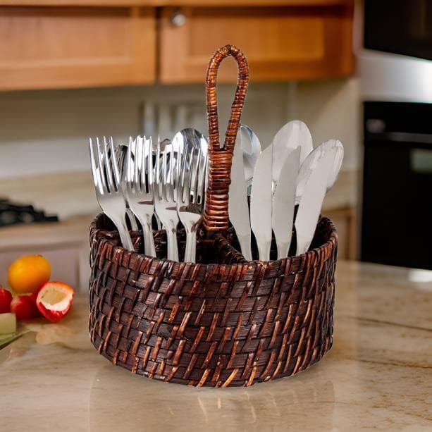 Porta Talheres de Fibra Natural com Divisórias para Organização Mesa Posta