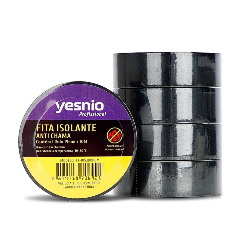 KIT 10 UN Fita Isolante Anti Chama Preta 19mm X 10m YESNIO