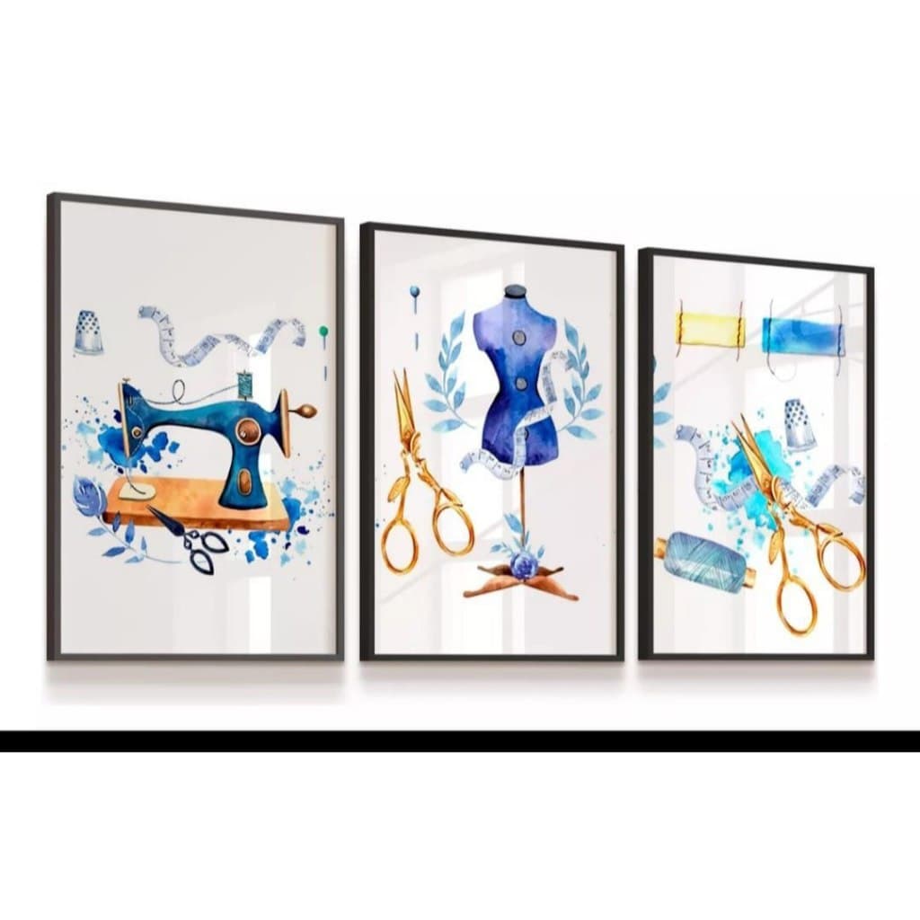 Kit Quadros Decorativos 3 Peças Máquina de Costurar Manequim Costureira Roupa Ateliê Design Estilo