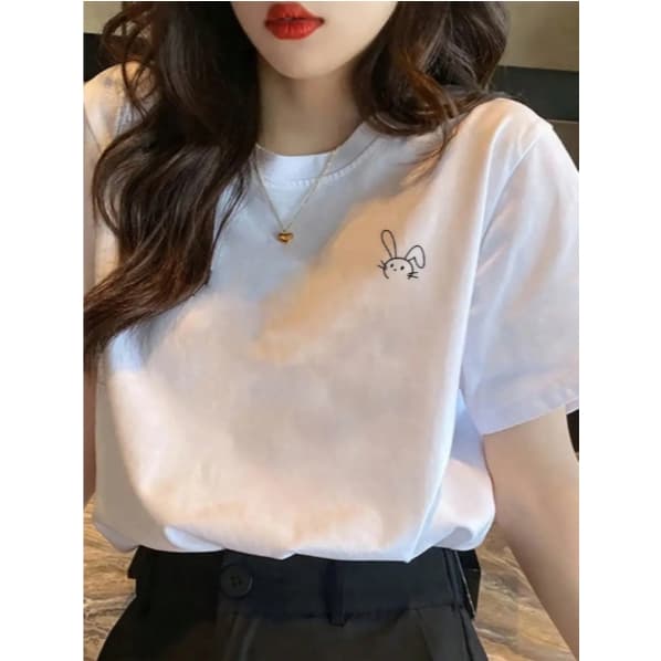 Camiseta Coelho Feminina 100%Algodão Blusa Coreana Branco Preto